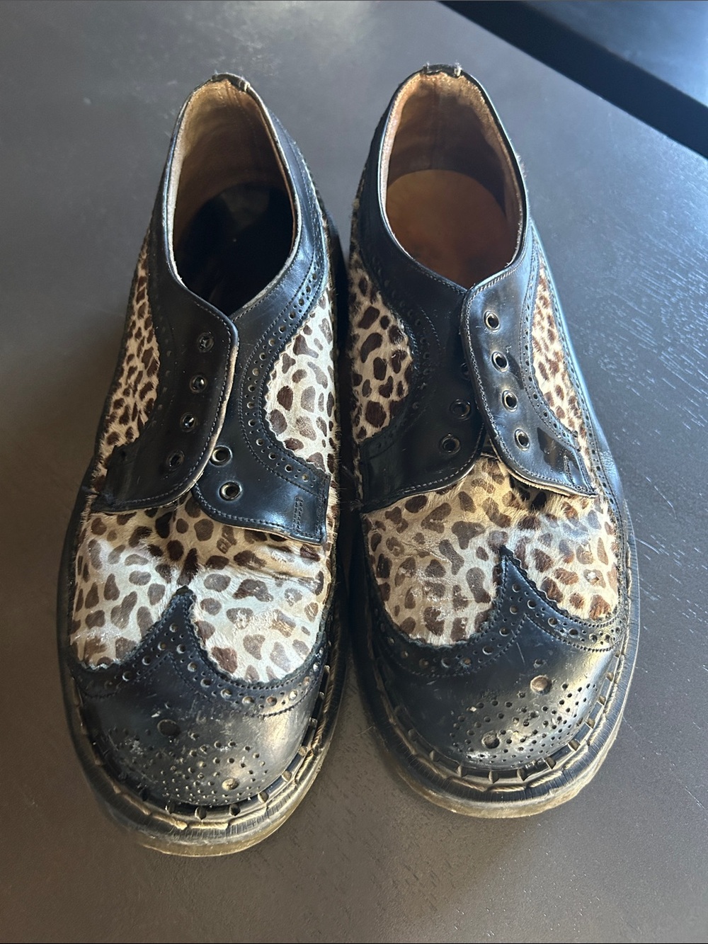 Leopard Print Wingtip Oxfords - Black & Brown Steel Toe Vintage
